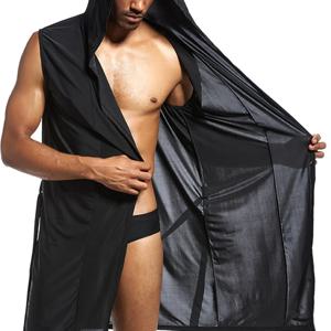 남성용 홈 목욕 가운 민소매 실키 부드럽고 부드러운 후드 슬리핑 가운 파자마 편안한 초박형 란제리 느슨한 수영복