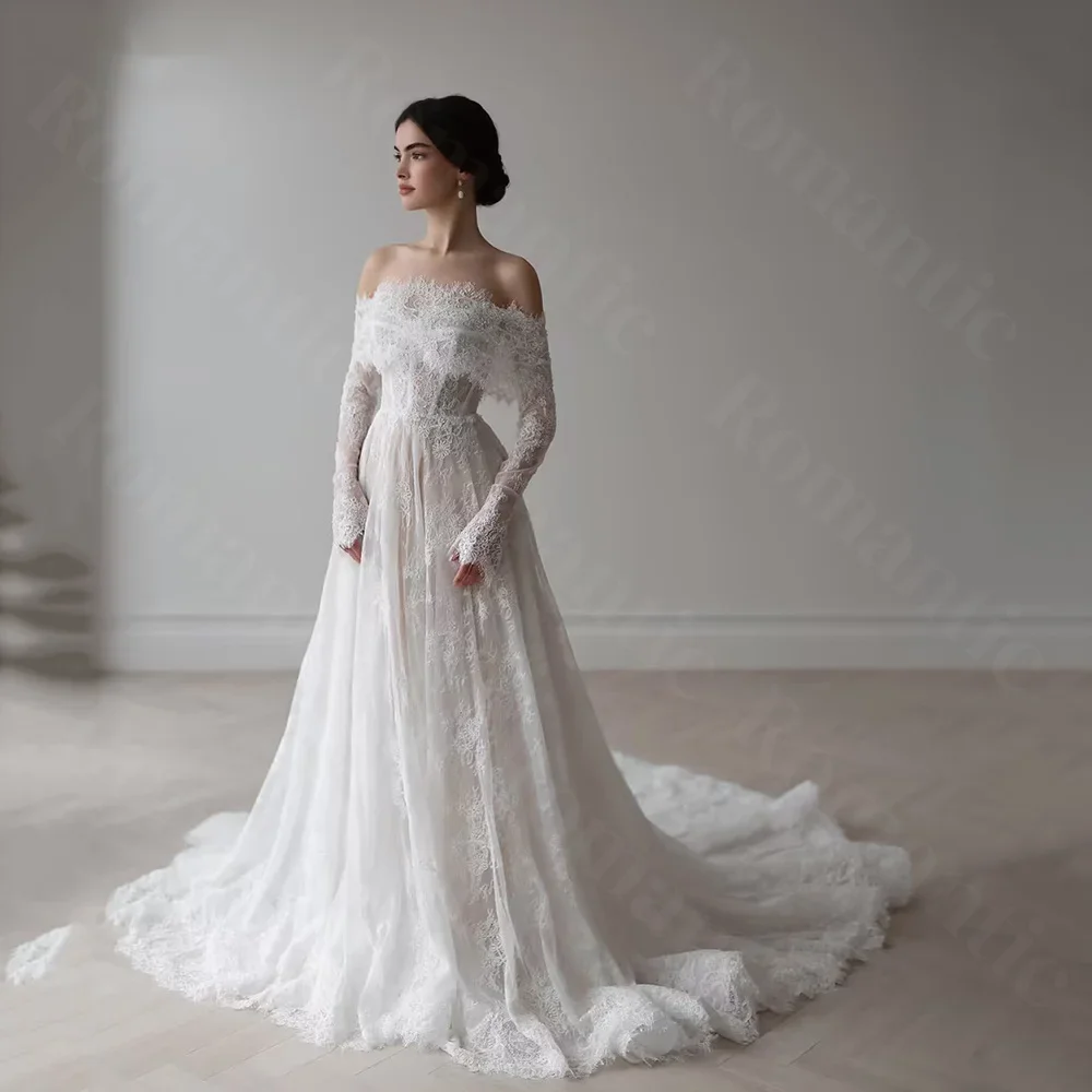 로맨틱 a 라인 맞춤형 오프 숄더 2025 레이스 웨딩 드레스 백리스 긴 소매 신부 드레스 여성을위한 vestido de noiva