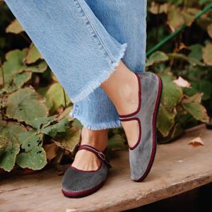 그레이 메리 진 플랫 슈즈 여성 라운드 토 핸드 스티치 벨벳 천 신발 여성 캐주얼 부드럽고 편안한 발레 슈즈 로퍼