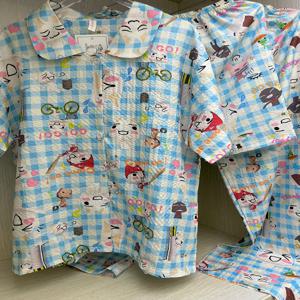 여름 짧은 소매 잠옷 여성의 귀여운 만화 도로 고양이 크레페 코튼 홈 의류 세트 플러스 사이즈 편안한 통기성