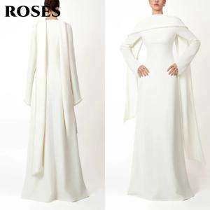 ROSES 화이트 리갈 미니멀리즘 파티 드레스 드레이프 숄 슬리브와 비즈 가장자리가 있는 하이 넥 새틴 이브닝 드레스 맞춤형