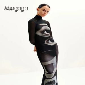 Ahagaga 패션 여성 맥시 드레스 프린트 터틀넥 레귤러 긴 소매 칼집 슬림 피트 아이즈 인과 streetwear vestidos