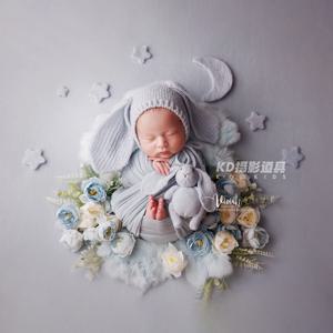 신생아 사진 소품 키트 니트 긴 귀 토끼 모자 굿나잇 모자 꽃 머리띠 인공 꽃 스튜디오 사진 소품