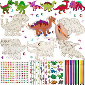 218PCS 공룡 나무 공예 세트, 12 미완성 공룡 나무, 생일 파티 장식, 선물 라벨, 나무 공예 세트