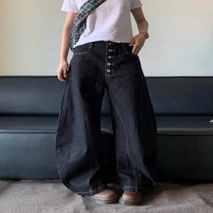 아메리칸 레트로 하이 스트리트 버튼 디자인 부츠컷 블랙 나이프 엣지 와이드 레그 루즈 롱 진 남녀 공용 트렌디 데님 팬츠