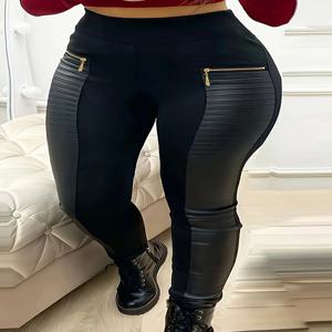 플러스 사이즈 블랙 캐주얼 솔리드 컬러 패치워크 바지