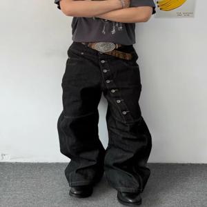 아메리칸 레트로 롱 로우 버튼 진 남성 스트릿 디자인 캐주얼 루즈 와이드 레그 플로어-레인지 팬츠 트렌디 스트레이트 레그 진