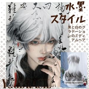 26인치 멋진 수묵화 스타일 블랙 화이트 옴브레 합성 가발 (앞머리 포함) 남녀 공용 긴 웨이브 헤어 가발 (내열성)