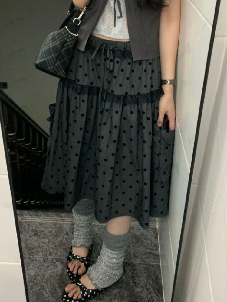 2000년 감성 그레이 디자인 물방울 무늬 스커트 여성 신상 미국 레트로 귀여운 스커트 여성 A라인 핫티 레이스 한국 인기 의류