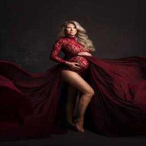 탈부착 가능한 쉬폰 스커트가 있는 부티크 임부복 레이스 바디수트, 성별 공개 파티, 사진 촬영용 임부복 드레스
