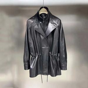 진짜 가죽 재킷 일반 길이 여성 코트 봄 주름진 허리 스타일 더블 라펠 디자인 천연 양가죽