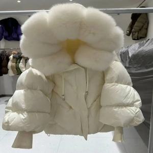 라가보기 2025 신상 겨울 대형 리얼 퍼 후드 패딩 재킷 여성용 화이트 덕 다운 미드 롱 파카 두꺼운 따뜻한 니트 소매 코트