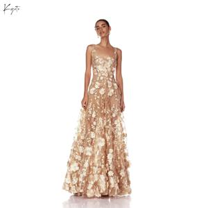 교토 맞춤형 우아한 샴페인 레이스 자수 웨딩 드레스 스파게티 스트랩 A라인 이브닝 드레스 플로어 길이 정장