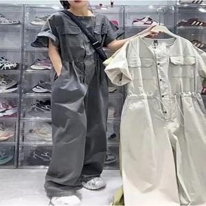 세련된 여성용 작업복 점프수트 세트, 여름 슬리밍 캐주얼 루즈핏 스트레이트 레그 디자인 롱 팬츠 하이웨이스트 점프수트