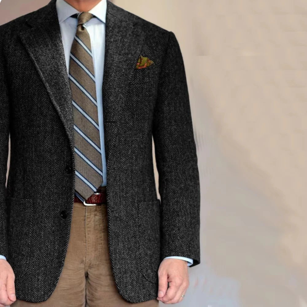 다크 그레이 비즈니스 수트 블레이저 남성 헤링본 노치 라펠 턱시도 재킷 웨딩 프롬 파티 신랑용 가을 겨울