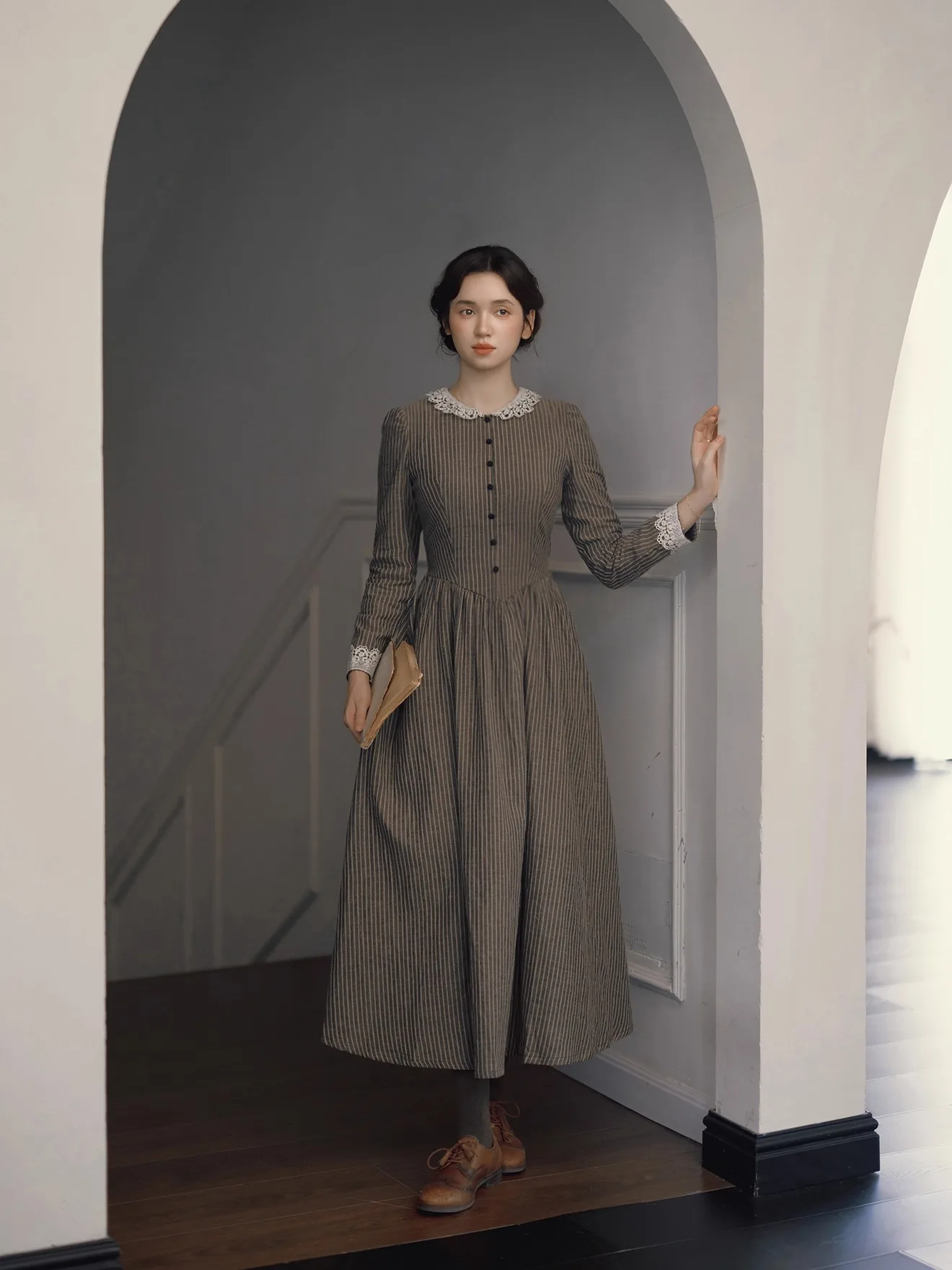 티이하일리 봄 여성 100% 면 드레스 긴 소매 롱 맥시 여성복 S-XL 빈티지 하이웨이스트 2025 신상 스트라이프 레이스 패치워크