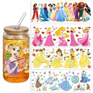 아리엘 엘사 벨 장식용 물컵 스티커 디즈니 프린세스 DTF 스티커 UV 랩핑 프린트 크리스탈 만화 DIY 스티커