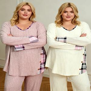 클리어런스 플러스 사이즈 여성 스웨터 겨울용 대형 사이즈 컬러 블록 브이넥 풀오버 따뜻한 빅 사이즈 여성 의류 스트립 스플라이스 탑