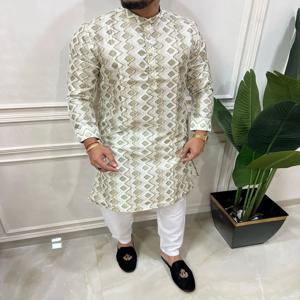 남성 디지털 프린트 쿠르타 바르다 레귤러 핏 만다린 칼라 롱 웨딩, 하리 라야, 아이딜피트리 등 모든 행사에 적합