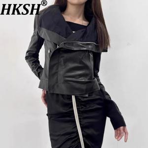 HKSH 봄 가을 신상 여성 재킷 PU 가죽 비대칭 지퍼 포켓 슬림핏 모터사이클 다크 펑크 숏 코트 시크 HK15980