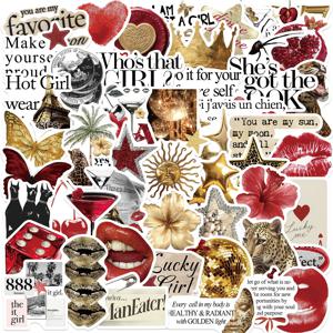 50개 Y2K 스티커 골드&레드 행운의 소녀 DIY PVC 스티커 스크랩북킹 휴대폰 여행가방 스케이트보드 방수 코켓 데칼