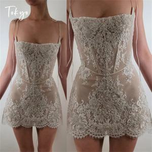 도쿄 맞춤형 화이트 스파게티 스트랩 웨딩드레스 민소매 뒷면 레이스업 브라이덜 가운 우아한 미니 A라인 웨딩드레스