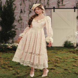 티이하일리 가을 봄 여성 드레스 풀 랜턴 슬리브 롱 맥시 여성복 XS-XL 빈티지 하이웨이스트 100% 코튼 레이스 2026 프린트