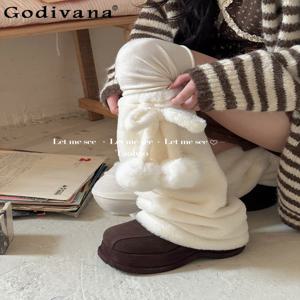 일본 스타일 오리지널 로리타 스위트 걸 플리스 안감 화이트 레그 워머 귀여운 폼폼 리본 슬라우치 양말