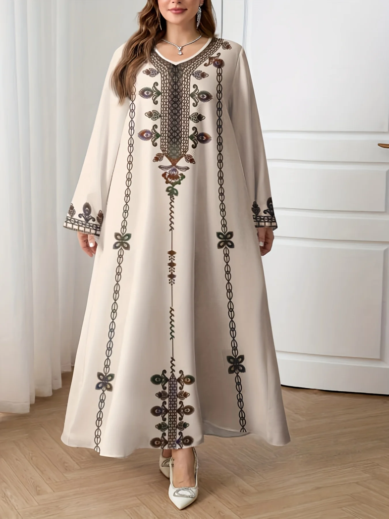 중동풍 우아한 로브, 봄과 가을 신상 스타일, 플러스 사이즈 패셔너블 여성 의류, 민족 프린트, 우아하고 편안한 출퇴근용, 휴가 스타일 긴 소매 드레스