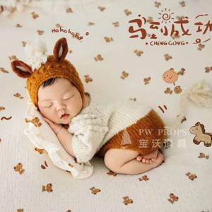 빈티지 신생아 니트 말 테마 롬퍼 의상 사진 촬영 소품 아기 니트 점프수트 및 장난감 세트 아기 사진 촬영