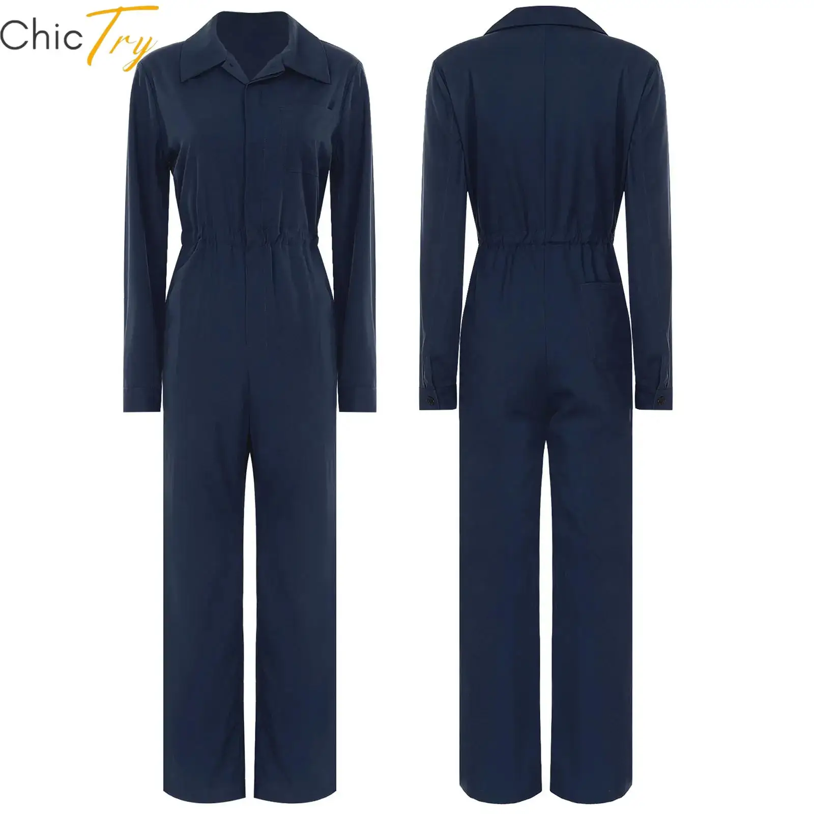 여성용 작업복 점프수트 패션 버튼 커버올 캐주얼 턴다운 칼라 긴팔 롬퍼 오버올 우아한 버튼 프론트 디자인