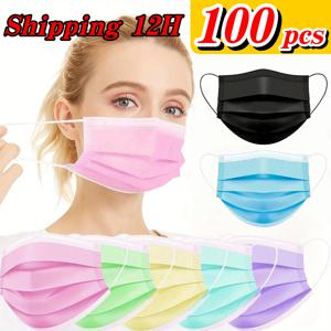 100개 일회용 보호 마스크 - 선택할 수 있는 8가지 색상, 3겹 통기성 및 편안함, 야외, 가정, 통근, 사무실