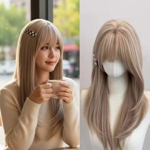 여성용 금발 가발 고온 섬유 20인치 스트레이트 레이어드 가발(뱅 포함) 로리타 합성 머리띠 가발(매일 사용용)