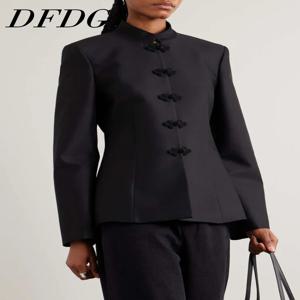DFDG 여성용 봄 여름 만다린 칼라 매듭 버튼 핏 블레이저 우아한 오피스 캐주얼 2026 트렌디 여성 패션 코트