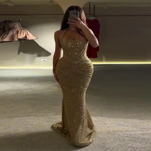 스팽글 홀터 파티 드레스 여성용 골드 슬림 반짝이는 주름 허리 인어 드레스 2026 봄 패션 우아하고 세련된 여성 이브닝 드레스