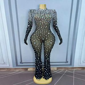 럭셔리 AB 라인스톤 메쉬 바디수트 여성 긴팔 플레어 레그 점프수트 나이트클럽 파티 무대 의상 생일 드레스 점프수트