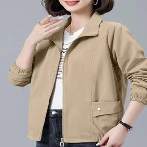 여성용 짧은 재킷 봄 가을 새로운 한국식 루즈 패션 심플 캐주얼 더블 레이어 포켓 손수건 스탠드 칼라