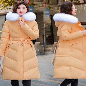 여성용 다운 자켓 2026 신상 겨울 중간 길이 오버니 라지 퍼 칼라 화이트 덕다운 롱 포켓 스카프 비즈니스 스타일