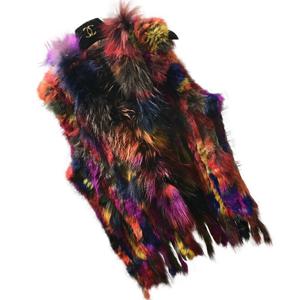 패션 여성 진짜 니트 토끼 모피 조끼와 너구리 모피 칼라 Gilets 고품질 닫기 짠 양복 조끼 플러스 크기