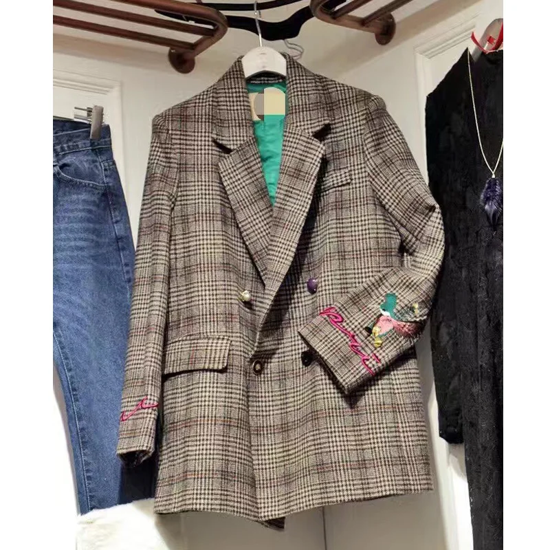 레트로 하운드투스 꽃 자수 블레이저, 라펠 격자 무늬 재킷, OL 롱 코트, 여성 정장, 루즈 더블 브레스트 가디건 상의