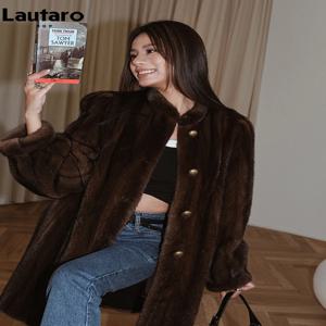 Lautaro 겨울 갈색 두꺼운 따뜻한 부드러운 가짜 밍크 모피 코트 여성 긴 소매 스탠드 칼라 우아한 럭셔리 세련된 푹신한 자켓 2023
