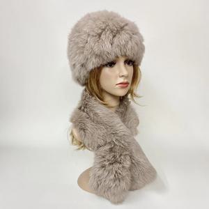 여성용 따뜻한 토끼 모피 모자 스카프 세트, 천연 모피 니트 숄, 고탄성 비니, 겨울