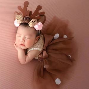 Ylsteed 신생아 소녀 크리스마스 사슴 복장 사진 촬영 유아 사진 투투 스커트 꽃 머리띠 사진 소품