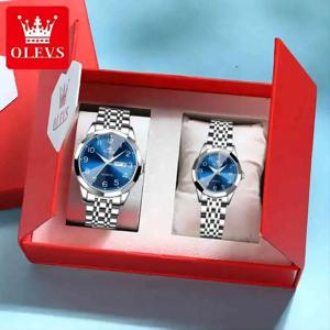 OLEVS 9970 오리지널 패션 브랜드 쿼츠 커플 시계, 럭셔리 스테인레스 스틸 방수 글로우, 남녀 선물 세트