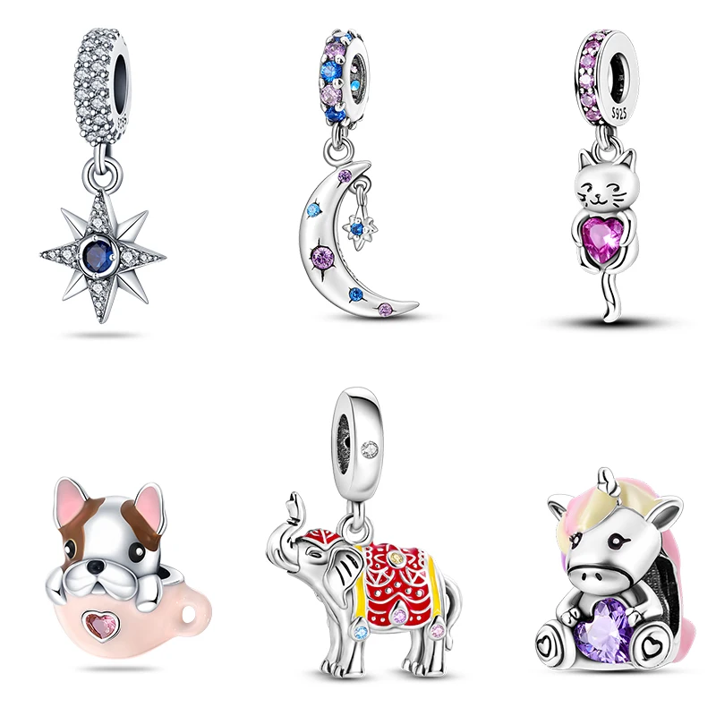 925 스털링 실버 참 비즈 고양이 강아지 인디언 코끼리 참 별 달 비즈 DIY 생일 쥬얼리 여성용