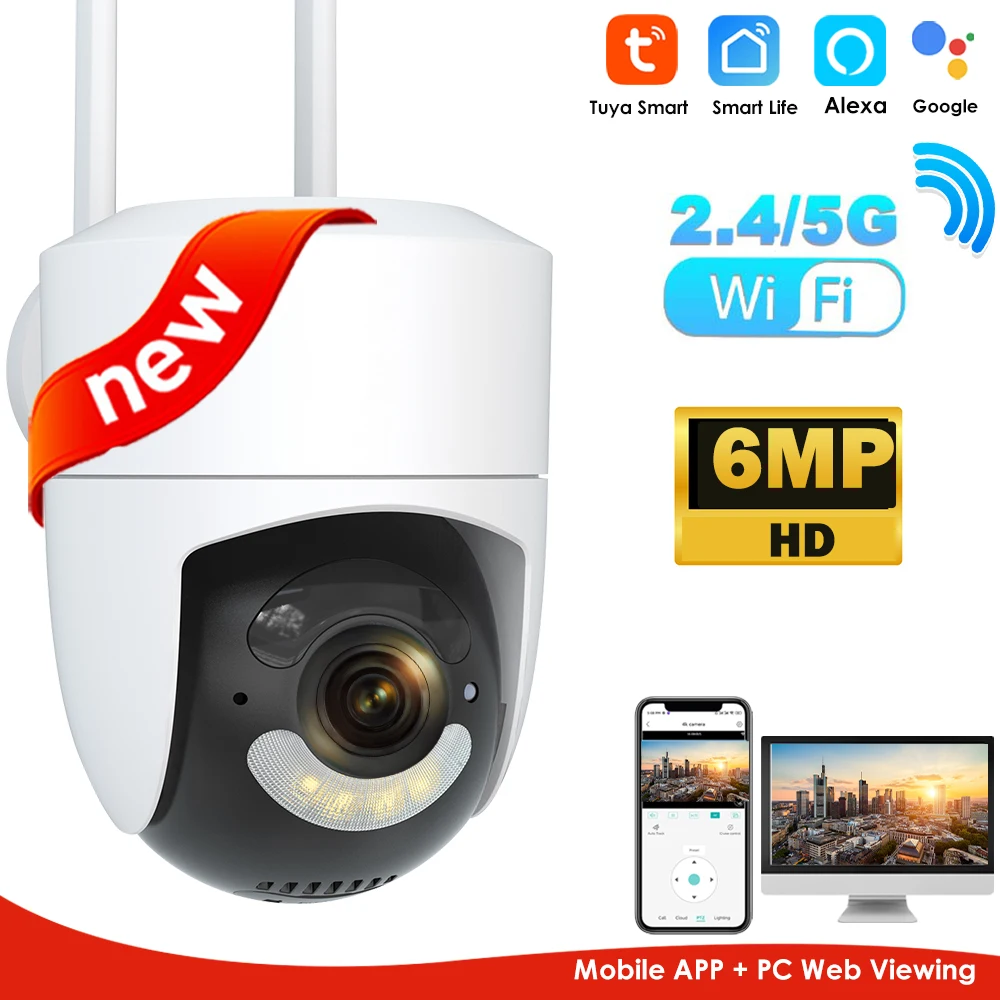 6MP Tuya WiFi 카메라 야외 2.4G/5G Wifi 감시 카메라 보안 보호 CCTV Smartlife Onvif Alexa Google 비디오 캠