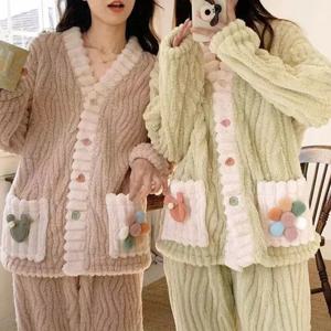 두꺼운 따뜻한 플란넬 여성 잠옷 Loungewear 카디건 정장 겨울 달콤한 카와이 부드러운 요정 바람 숙녀 잠옷 Homewear