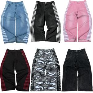 Y2K 헐렁한 청바지 빈티지 수 놓은 줄무늬 고품질 청바지 streetwear 하라주쿠 남성 여성 넓은 다리 데님 바지 스웨트 팬츠