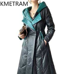 여성용 천연 양가죽 퍼퍼 재킷, 후드 포함 롱 다운 코트, 겉옷, 2024 겨울 의류, 패션, 신제품