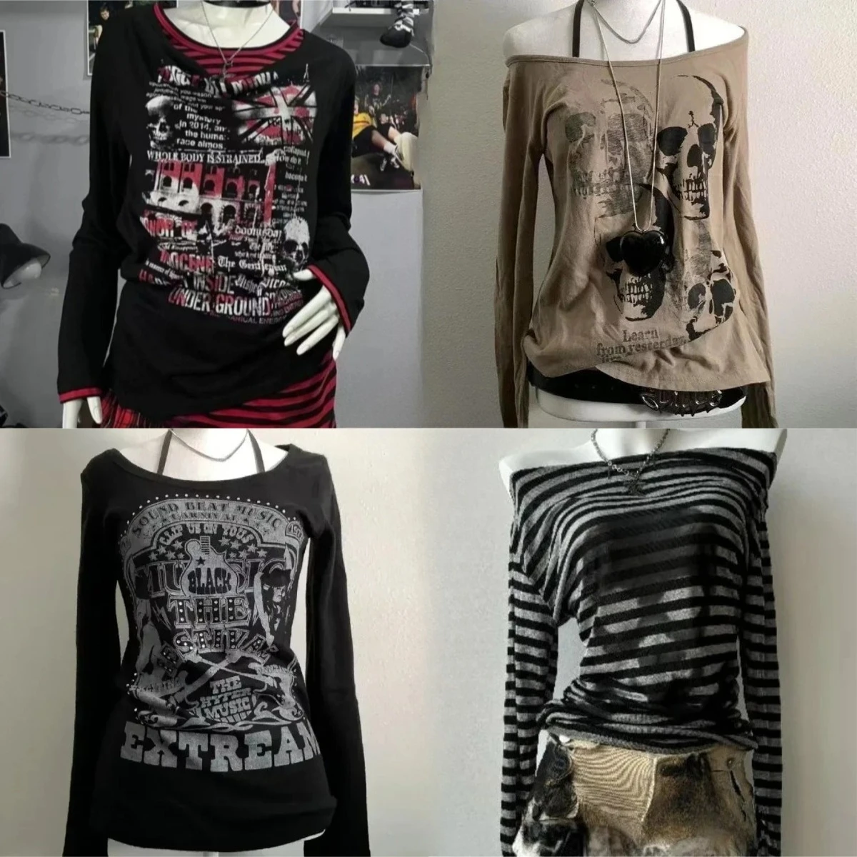 2000 년대 미국 빈티지 고딕 블랙 여성 티셔츠 펑크 스타일 그래픽 그런지 티셔츠 하라주쿠 Y2k 긴 소매 탑 streetwear
